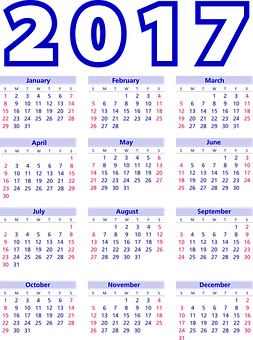 2017 Yearly Calendar Blue Background