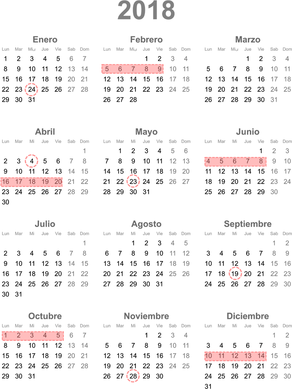 2018 Spanish Calendar Highlighted Dates