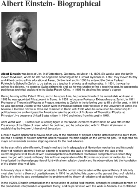 Albert Einstein Biographical Text