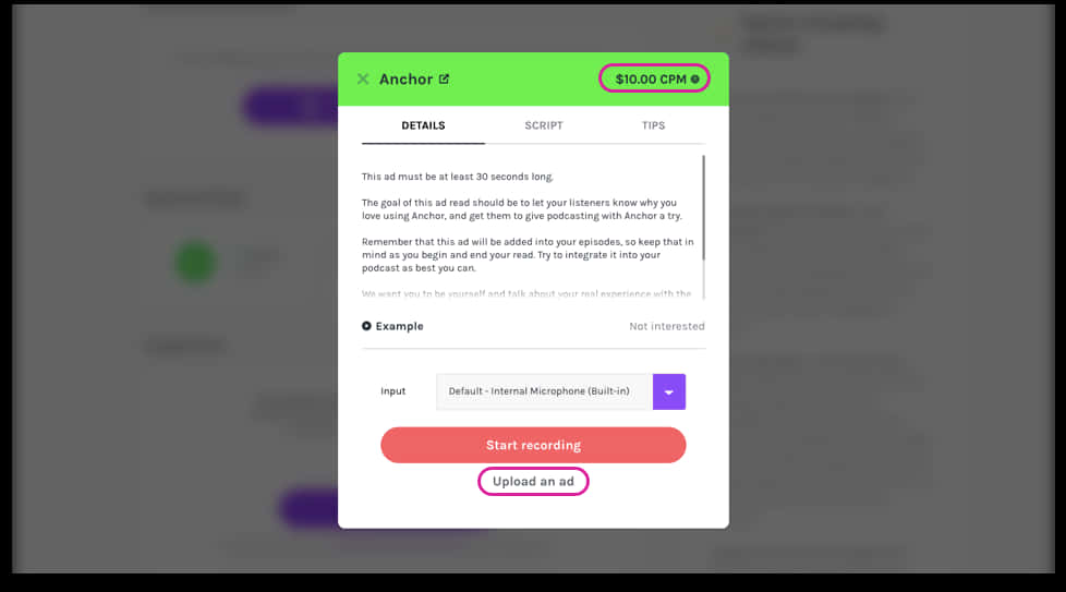 Anchor Podcast Ad Recording Interface