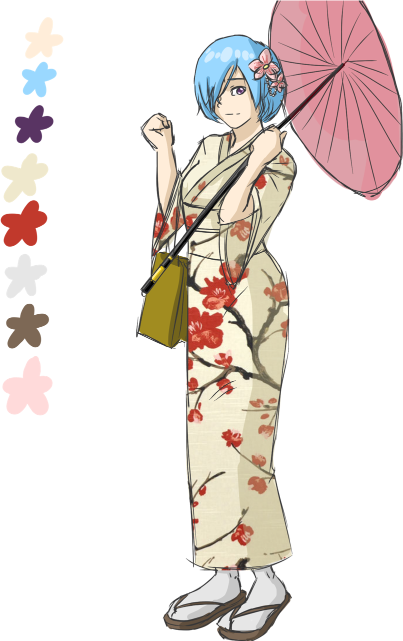 Animated Characterin Floral Kimonowith Umbrella