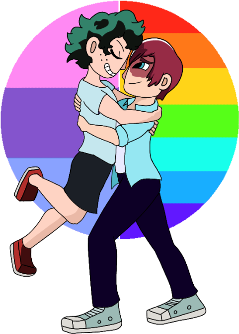 Animated Characters Embrace Rainbow Background