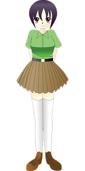 Animated Girlin Green Shirtand Brown Skirt