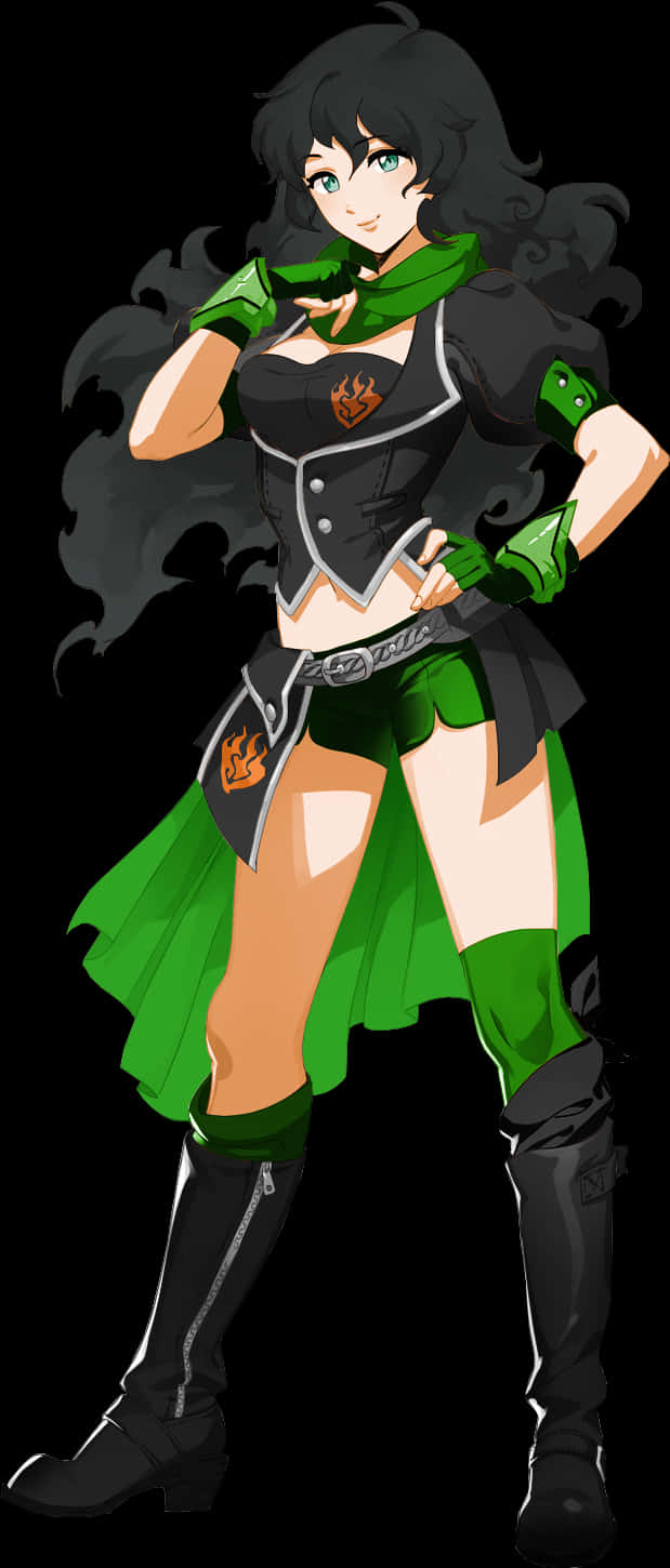 Animated Girlwith Long Black Hairand Green Outfit