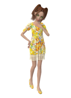 Animated Woman Floral Dress Pose