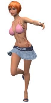 Animated Woman Pink Top Denim Skirt