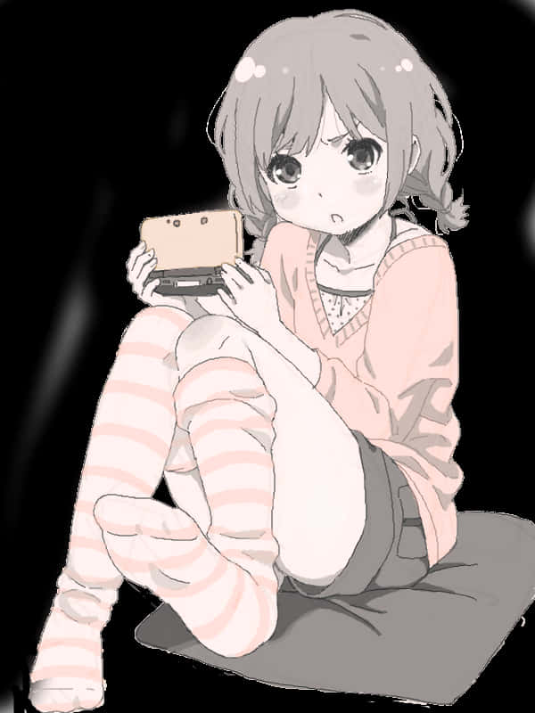 Anime Girl Playing Handheld Console