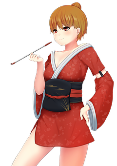 Anime Girlin Red Kimono Holding Paintbrush