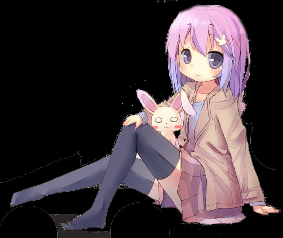 Anime Girlwith Purple Hairand Plush Bunny