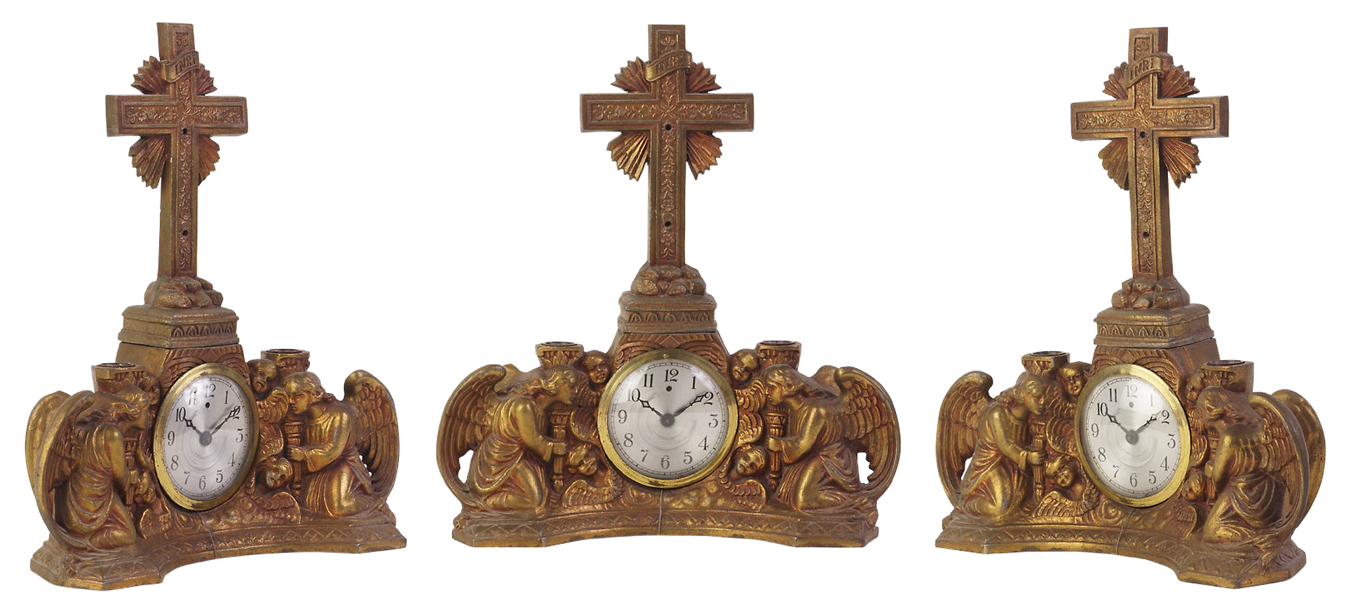 Antique Religious Mantel Clock Set