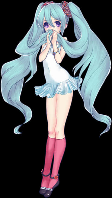 Aqua Haired Anime Girlin White Dress