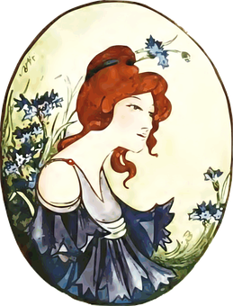 Art Nouveau Style Redhead Woman Oval Portrait