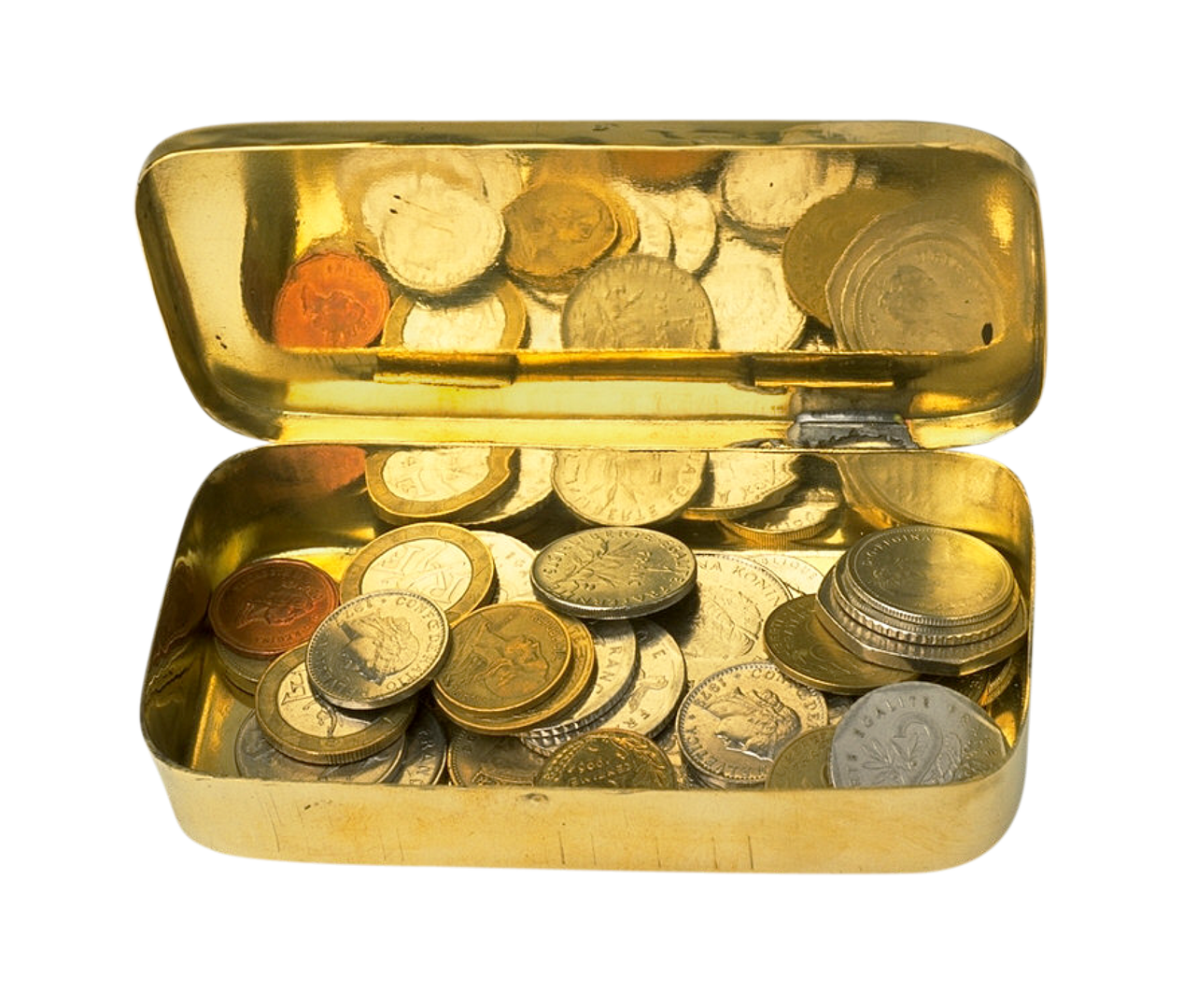 Assorted Coinsin Gold Tin Box