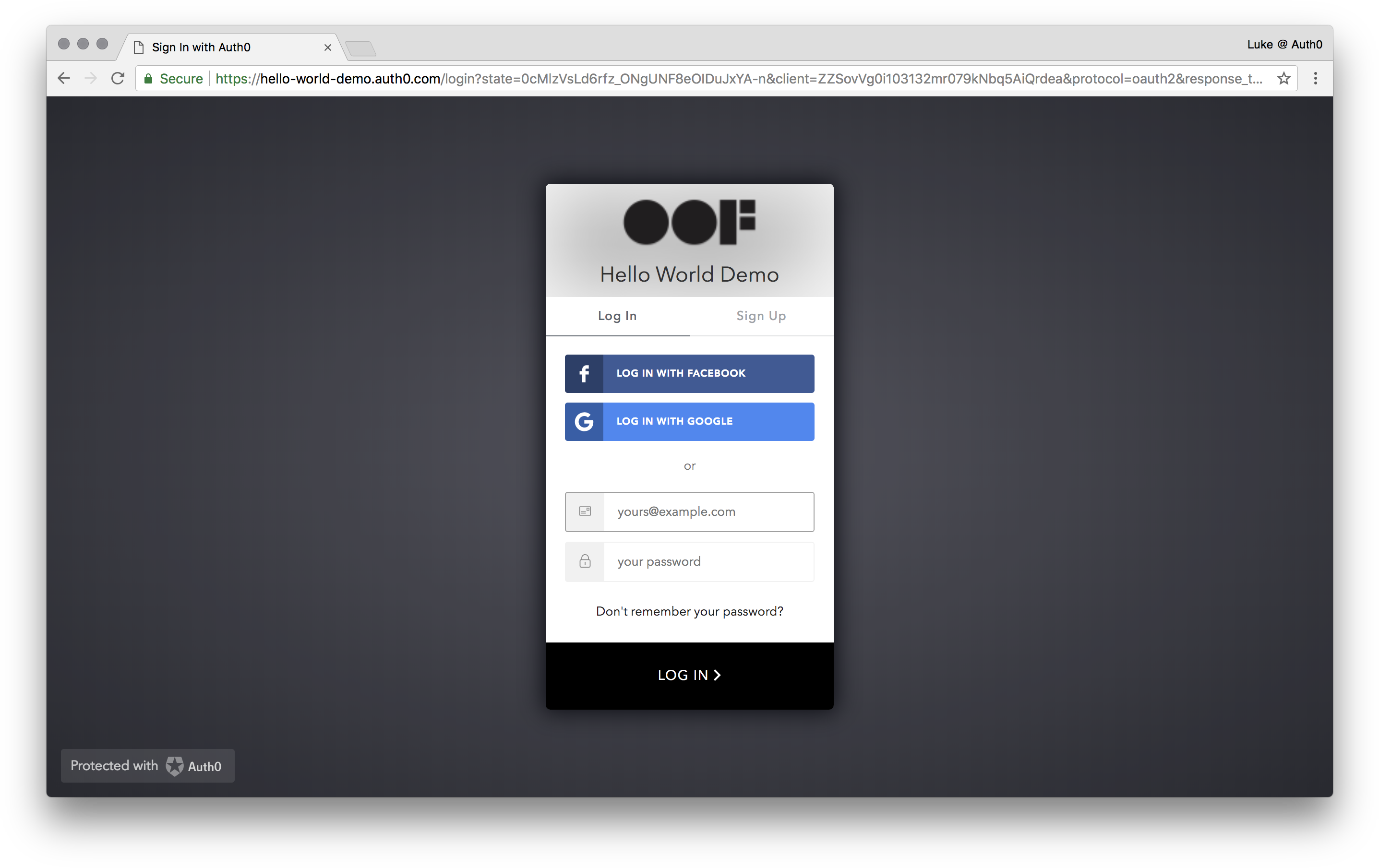Auth0 Hello World Demo Login Screen