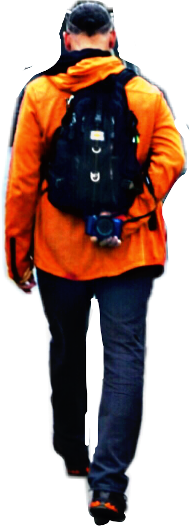 Backpackerin Orange Jacket Walking