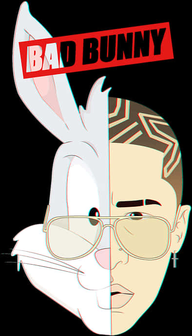 Bad Bunny Half Cartoon Half Real Illustration