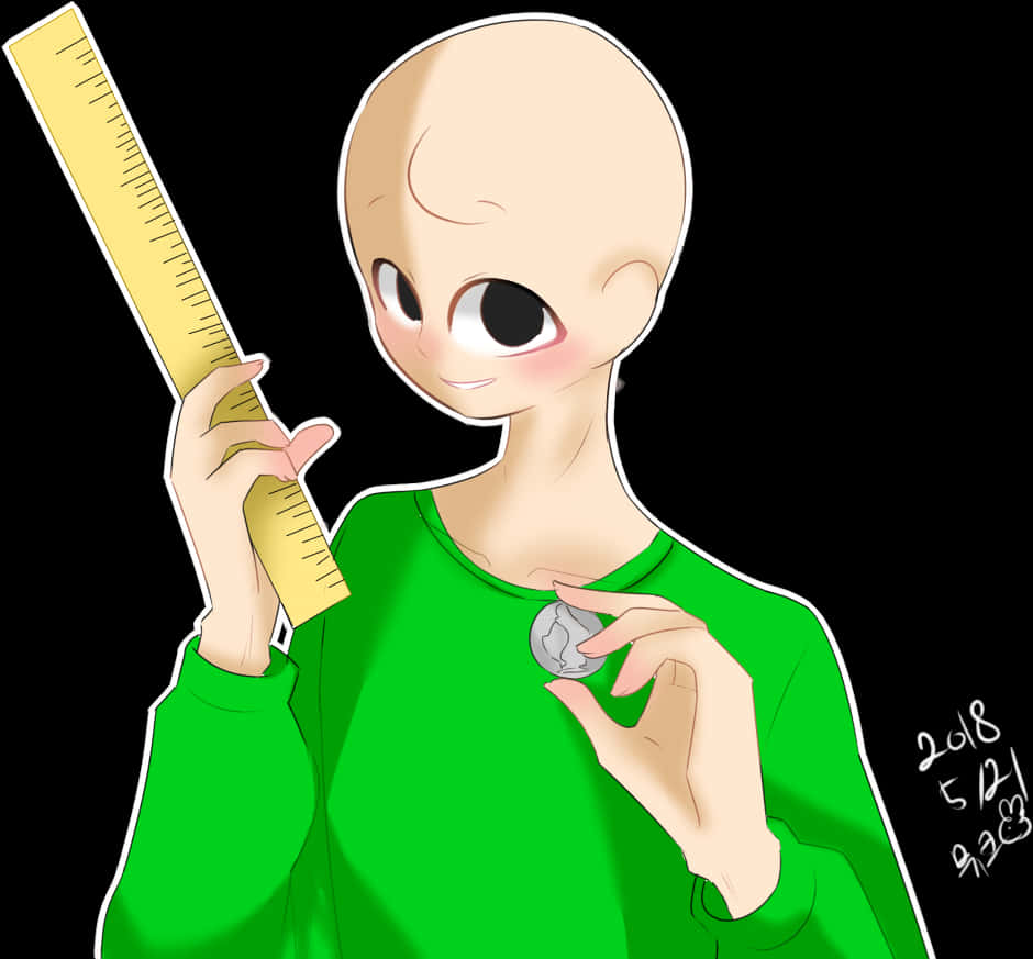 Baldi Cartoon Character Holding Rulerand Coin