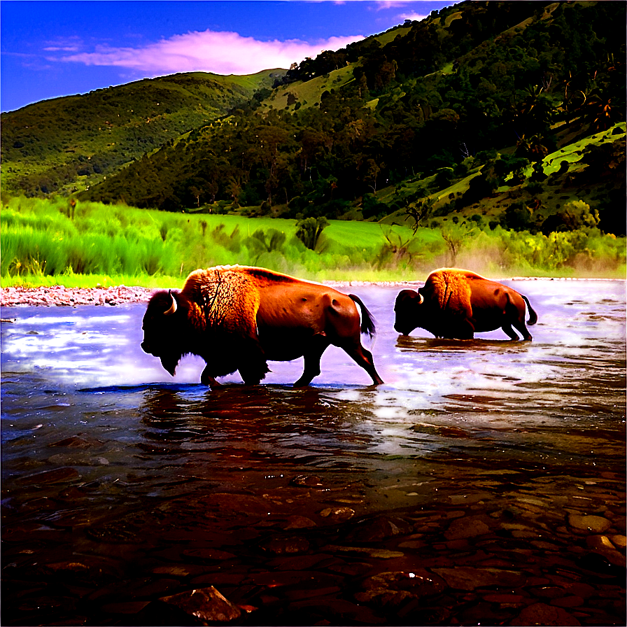 Bison Crossing River Png Iad36