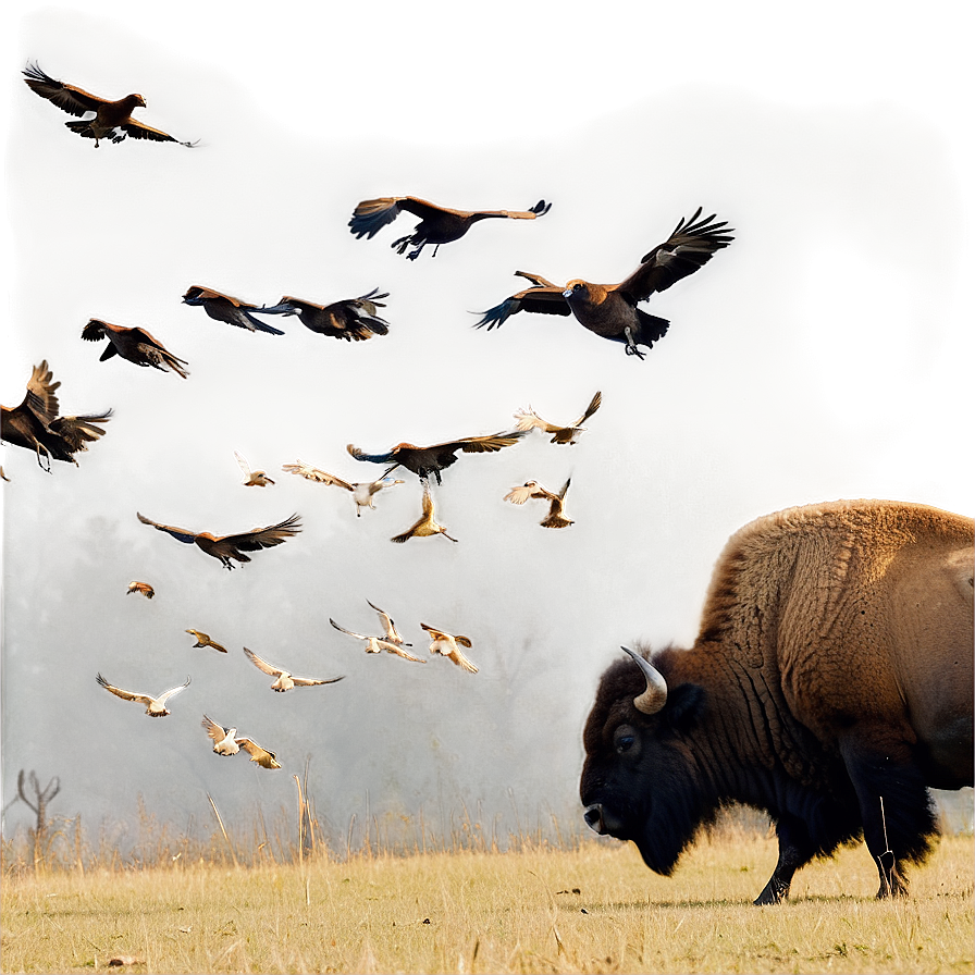 Bison With Birds Flying Over Png Buj