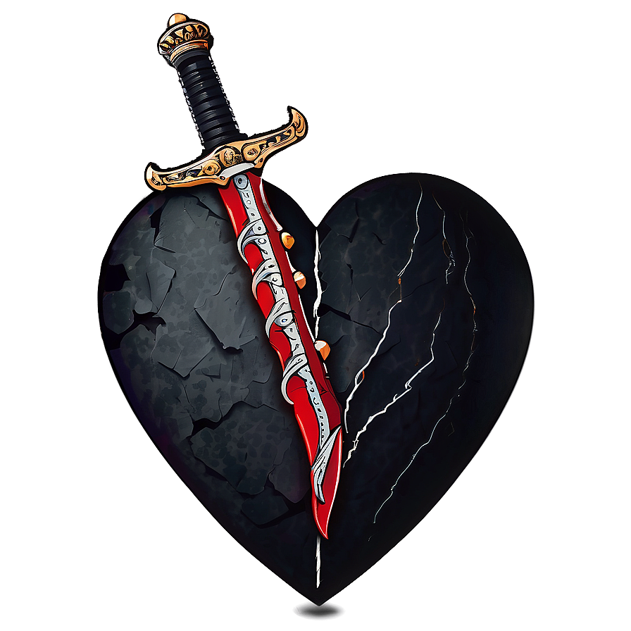 Black Broken Heart With Dagger Png Vah36