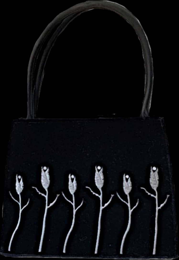 Black Handbag White Rose Embroidery