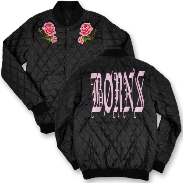 Black Quilted Jacketwith Rose Embroideryand Text Graphic