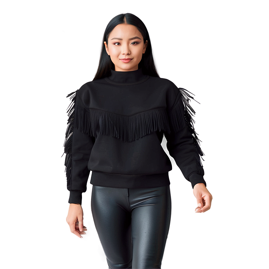 Black Sweatshirt With Fringe Trim Png 79