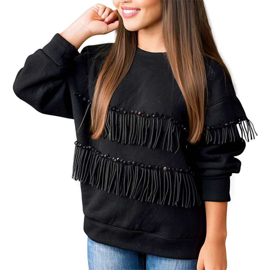 Black Sweatshirt With Fringe Trim Png Kfn52