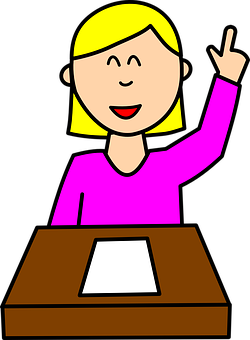 Blonde Girl Raising Handat Desk