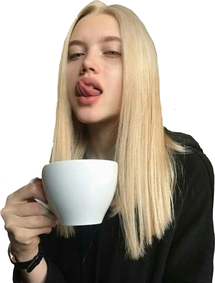 Blonde Hair Woman Tongue Out With Cup