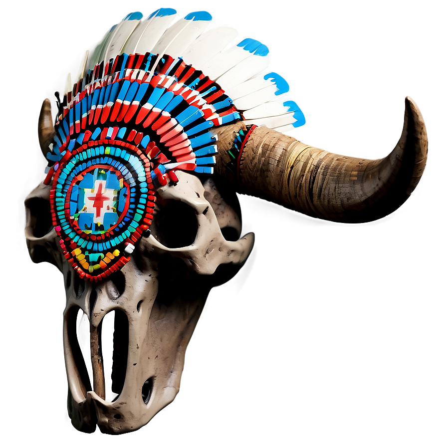 Bull Skull With Native American Headdress Png Tty