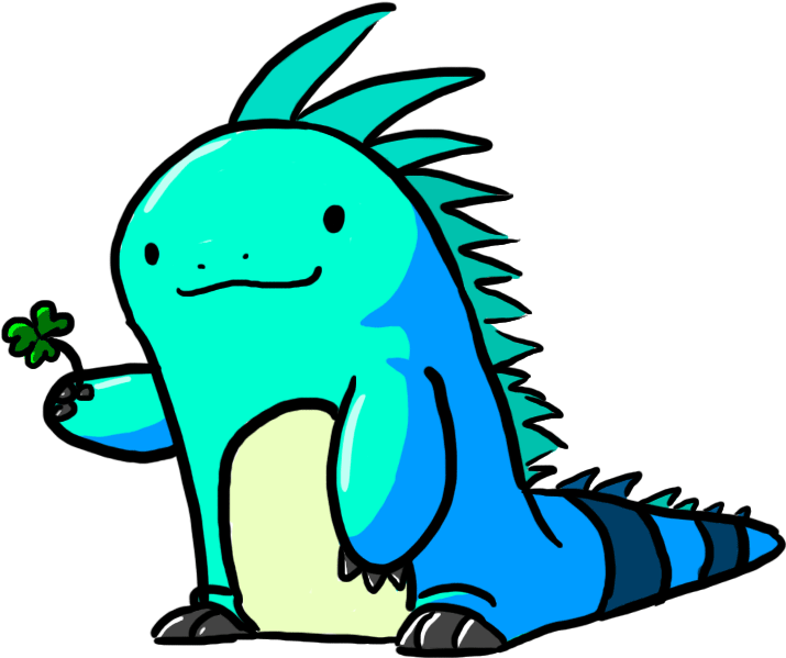 Cartoon Blue Iguana Holding Clover