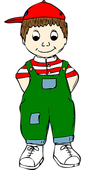 Cartoon Boyin Red Capand Green Overalls