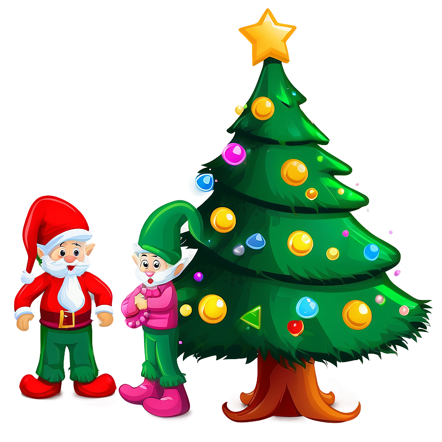 Cartoon Christmas Tree With Elves Png Bjl