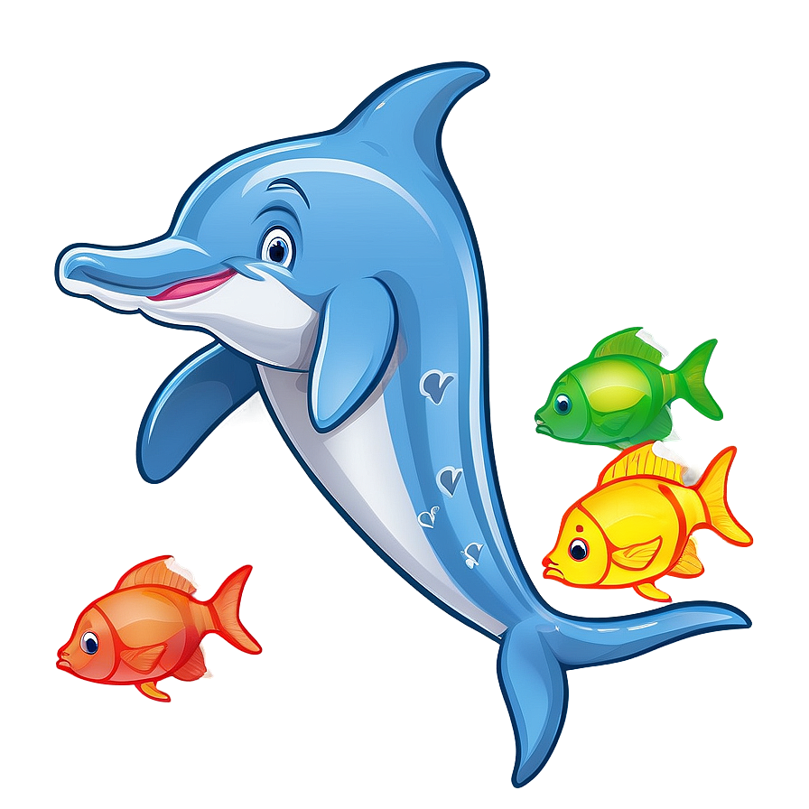 Cartoon Dolphin With Fish Friends Png Wdy