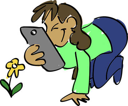 Cartoon Girl Photographing Flower