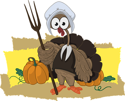 Cartoon Pilgrim Turkeywith Pumpkins