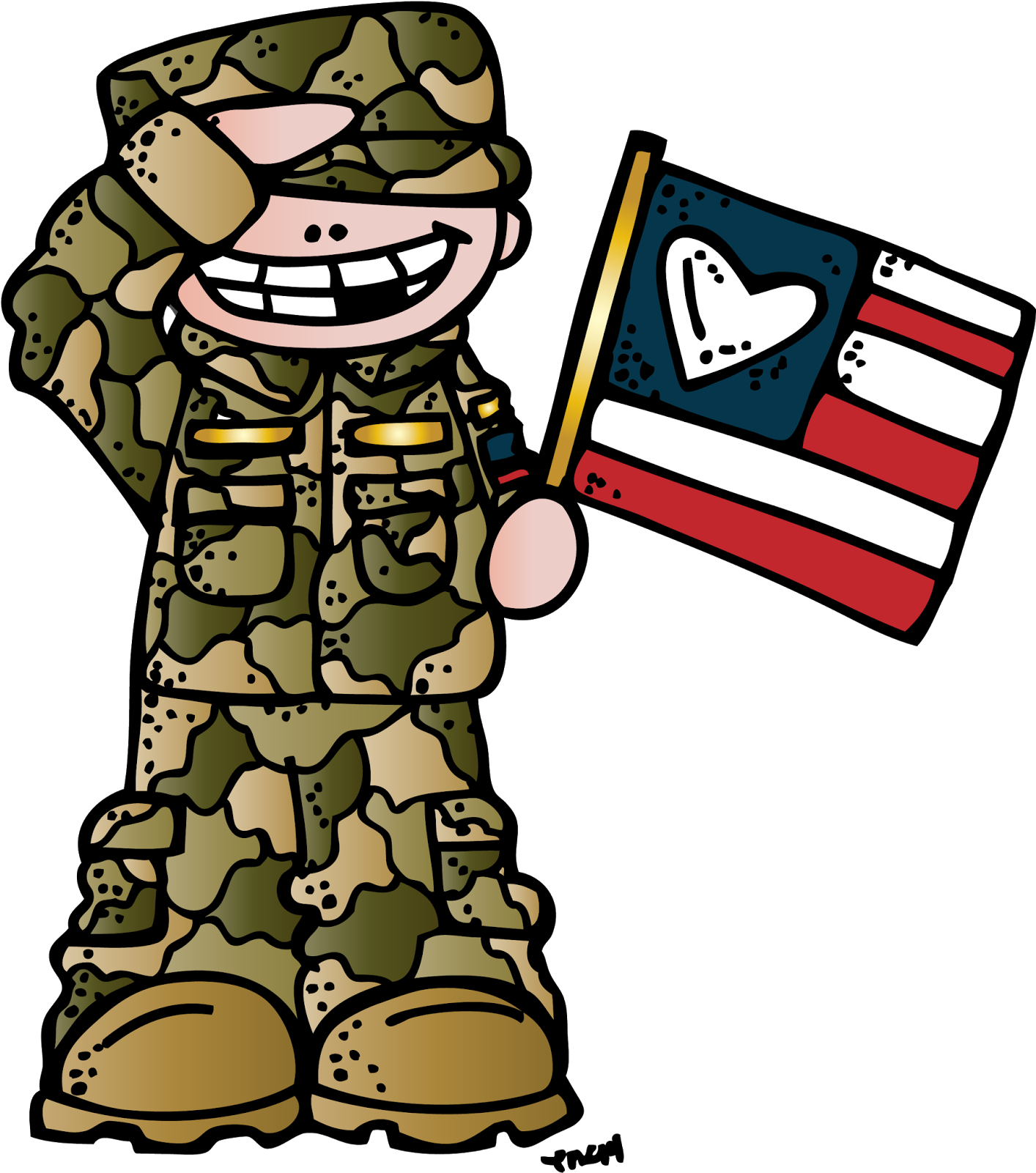 Cartoon Soldier Holding Flag Veterans Day