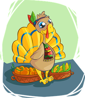 Cartoon Turkey With Harvest Basket