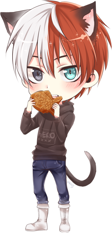 Chibi Cat Boy Eating Fish Cookie