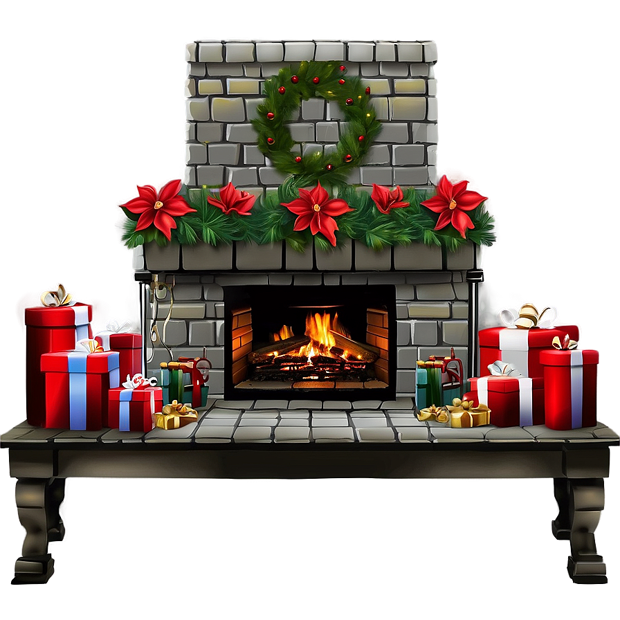 Christmas Fireplace With Poinsettias Png 62