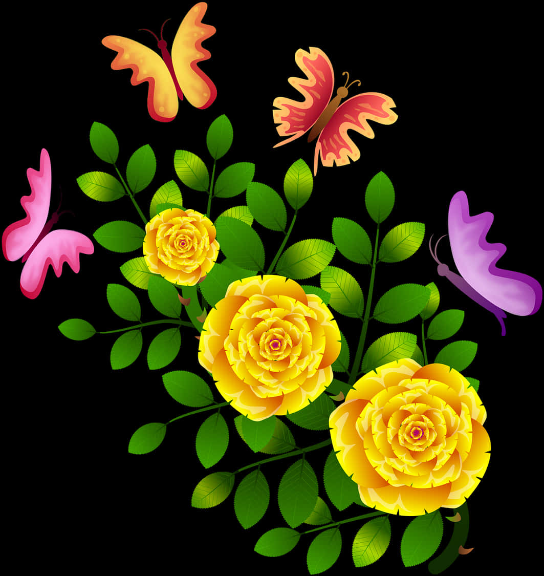 Colorful Butterfliesand Yellow Roses