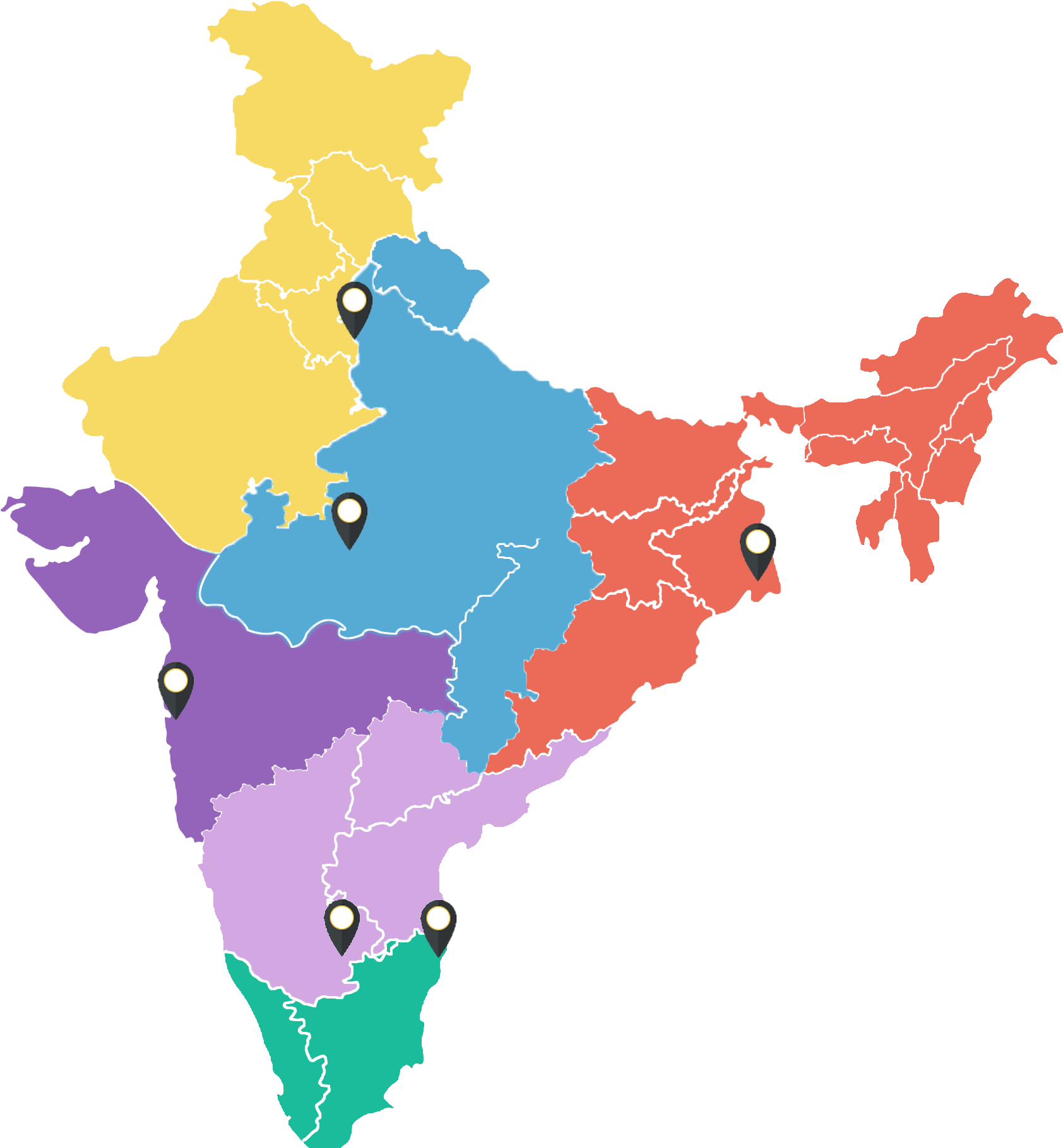 Colorful India Mapwith Pin Markers