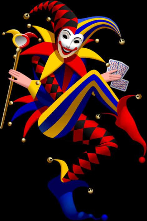 Colorful Jester Holding Cardsand Scepter