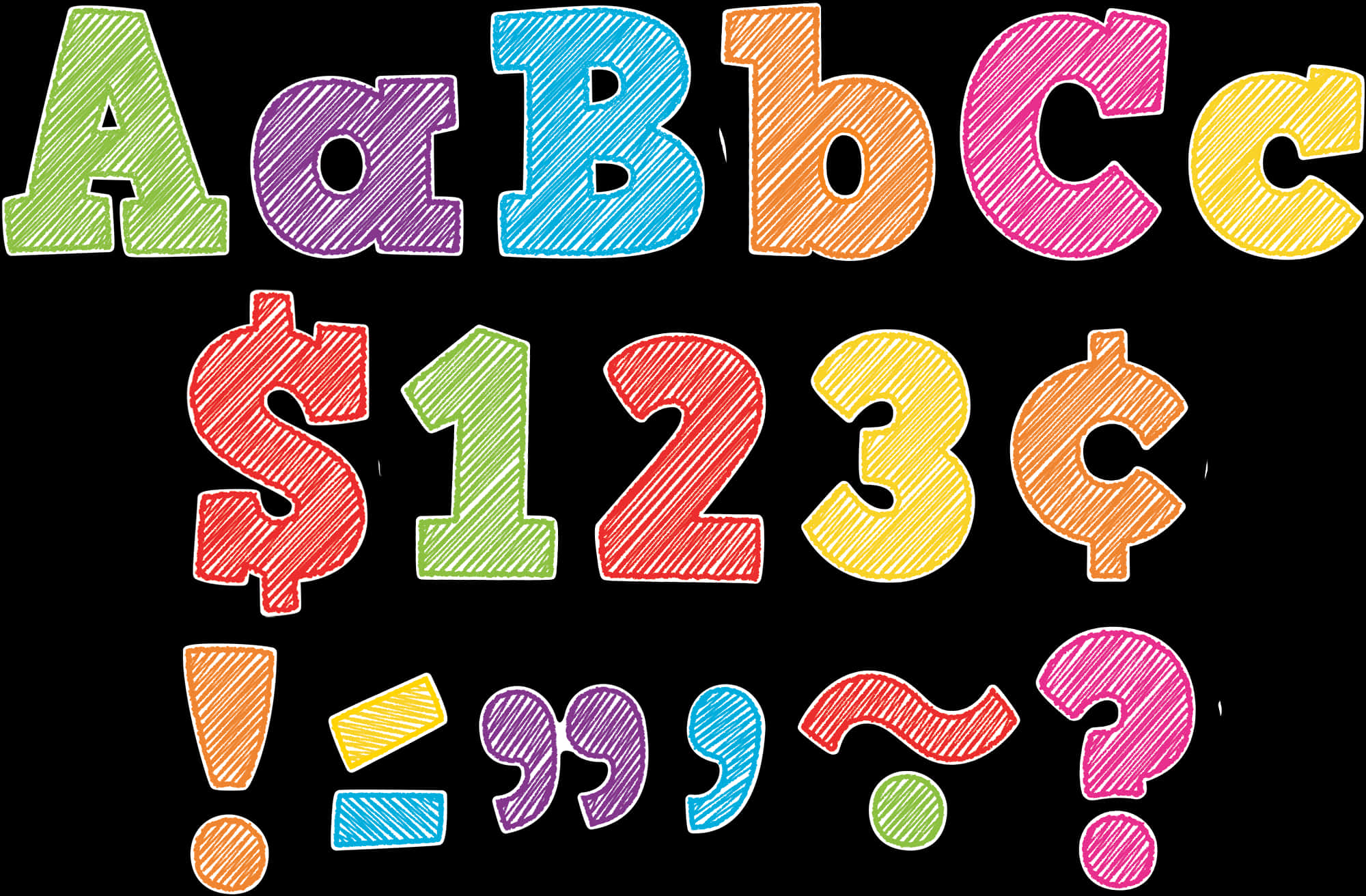 Colorful Scribbled Alphabetand Numbers