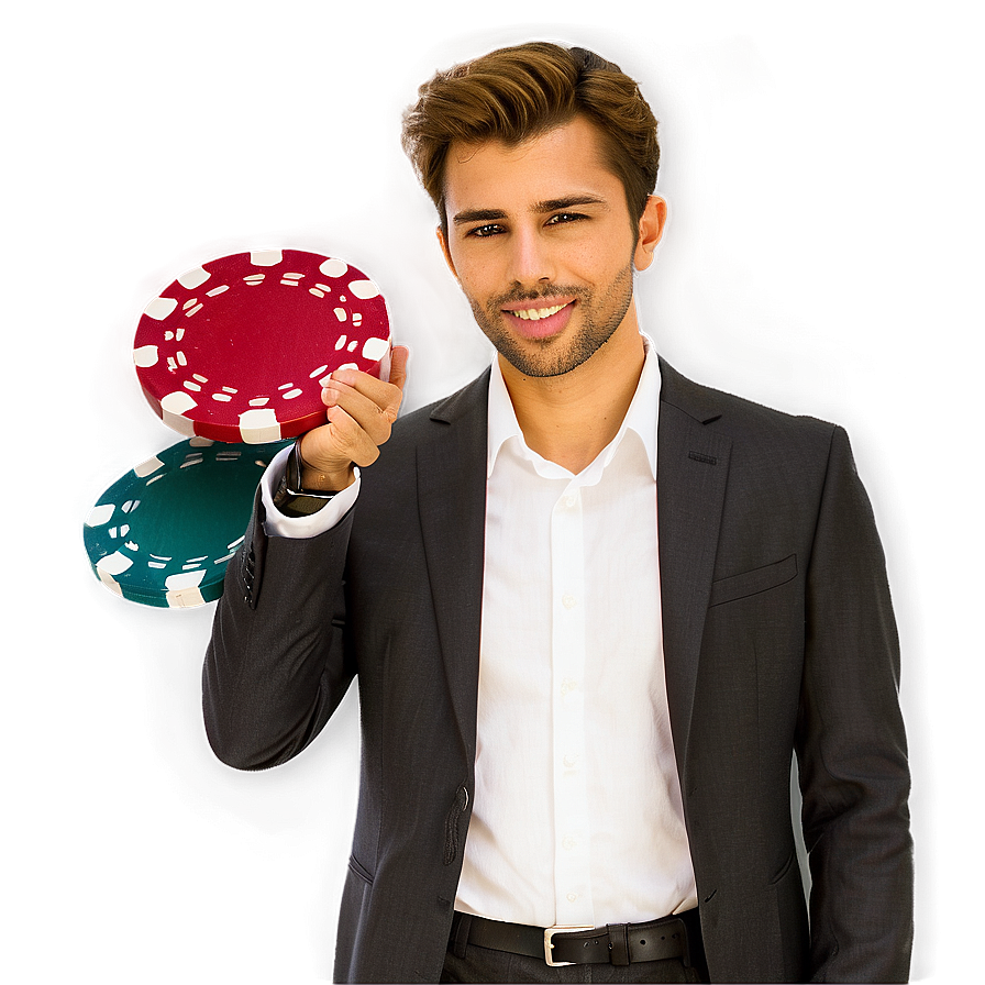 Confident Man Holding Poker Chips