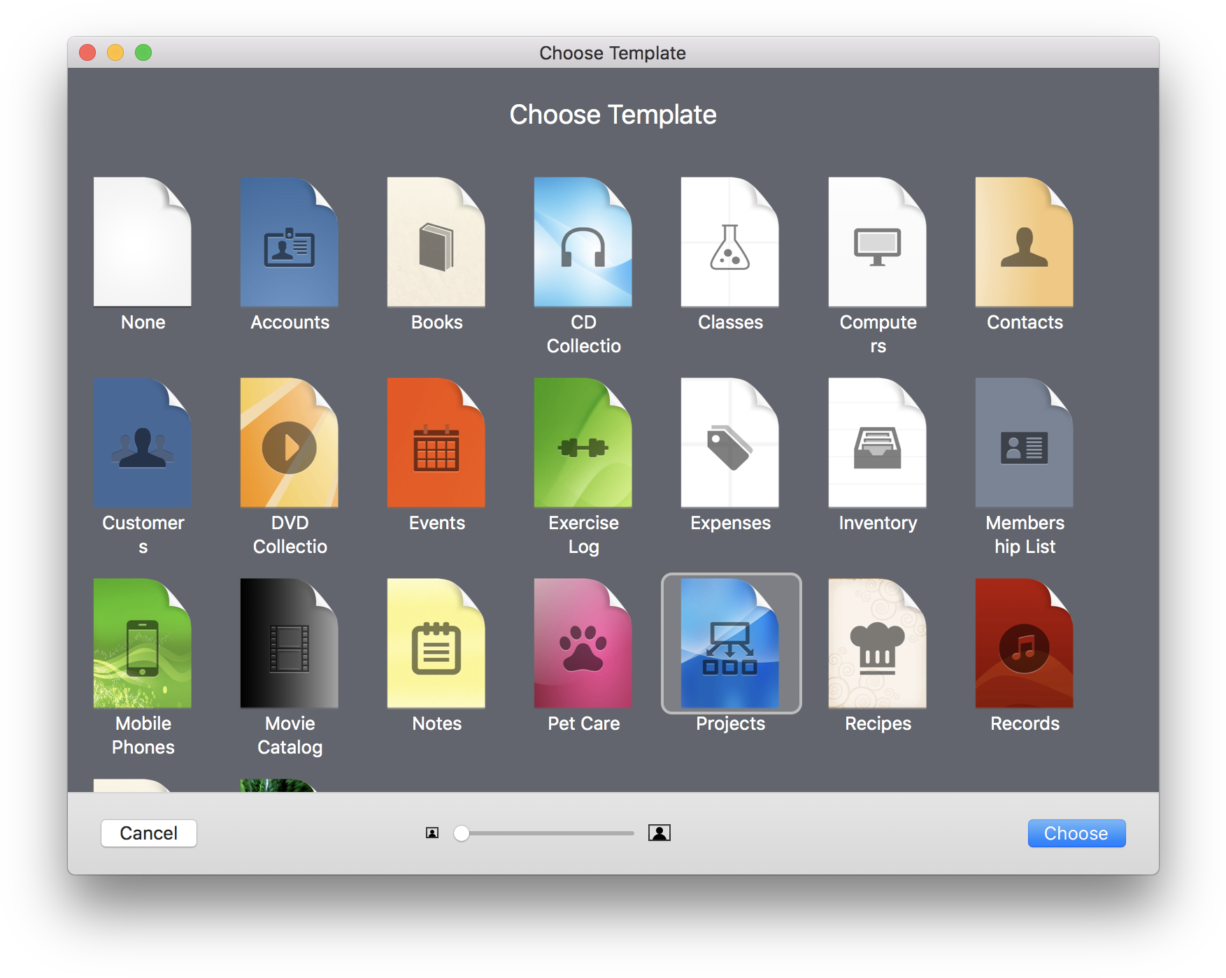 Database Template Selection Screen