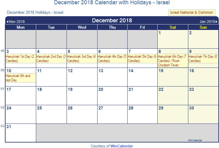 December2018 Holidays Israel Calendar