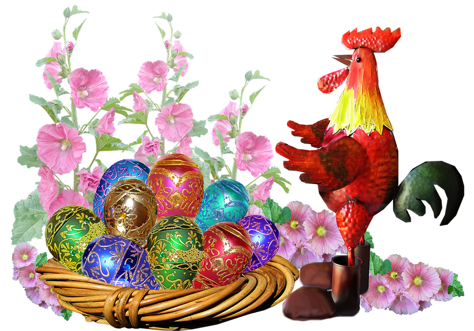 Easter Basketand Roosterwith Decorated Eggs