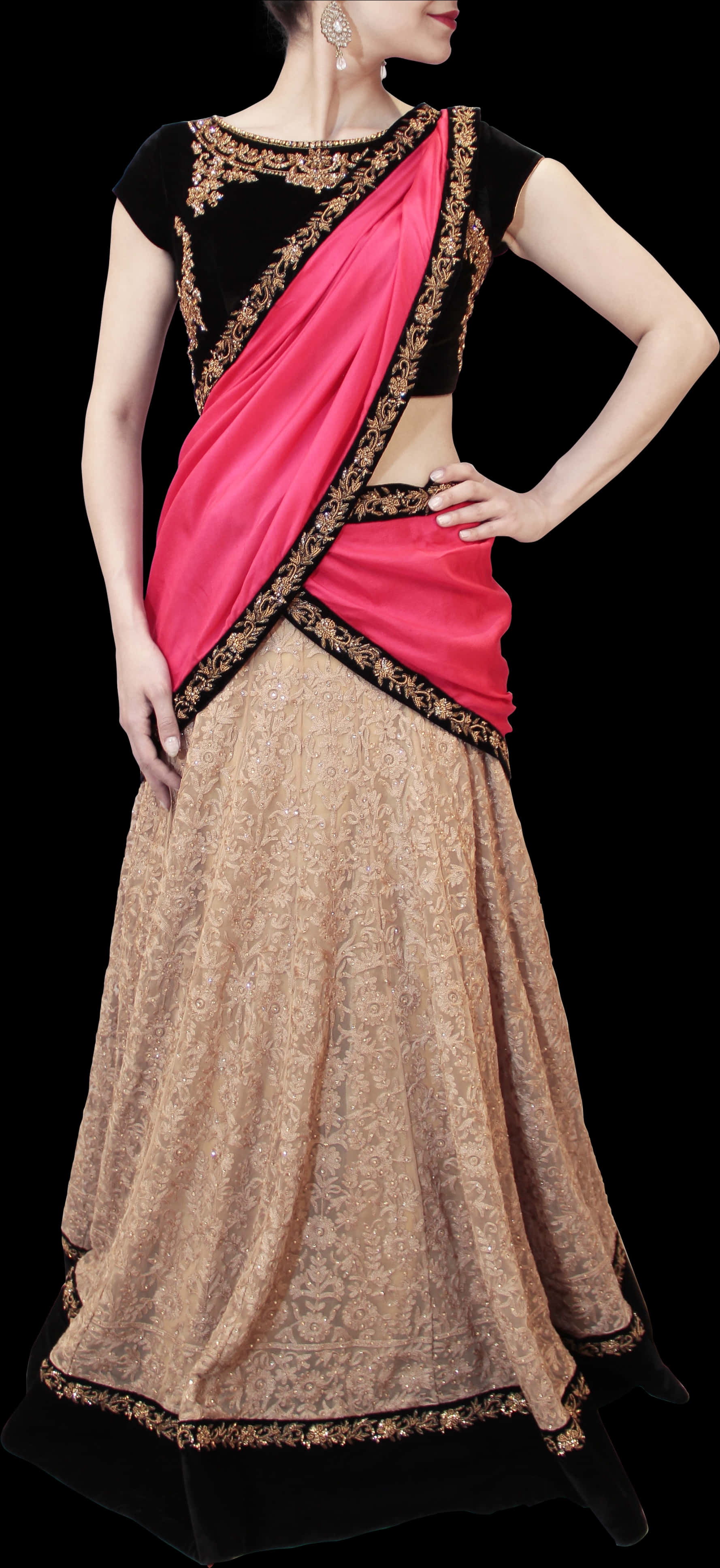 Elegant Beigeand Pink Saree Model